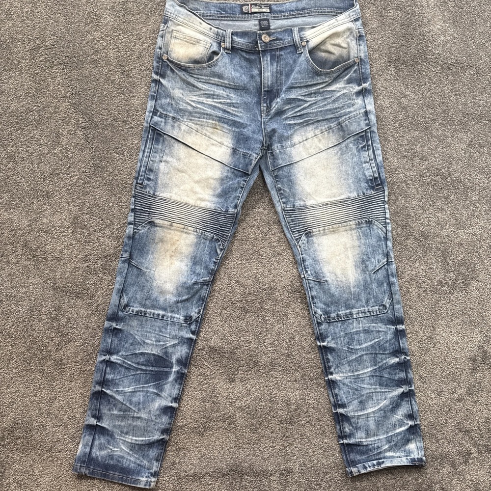 Bleeker & Mercer Jeans Men 36X32 Thick Stitch Heavy Whisker Washout Biker Rocker